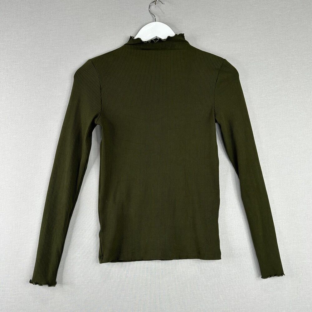Loft Womens Top Small Green Mock Neck Rib Knit Academia Minimalist T-Shirt Tee